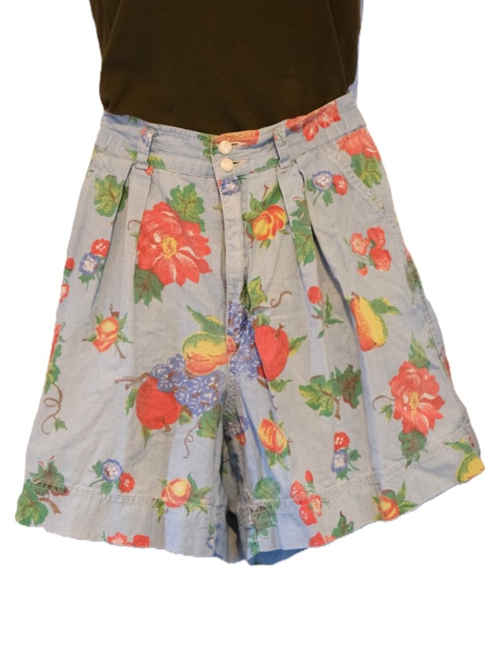 Vintage Liz Wear / Claiborne High Rise Denim Shorts Size 4P Floral & Fruit Print